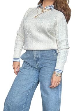 St John’s Bay Cotton Classic Cream Cable Knit Sweater  - Small